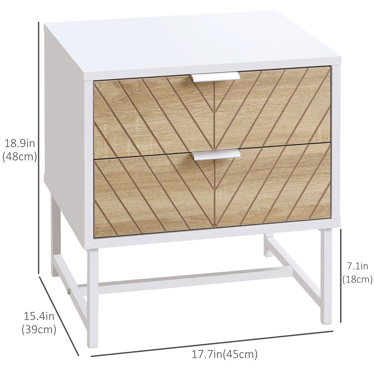 Modern Bedside Table with 2 Drawers and Steel Frame, Sofa Side Table for Bedroom Living Room, White and Oak - Gallery Canada