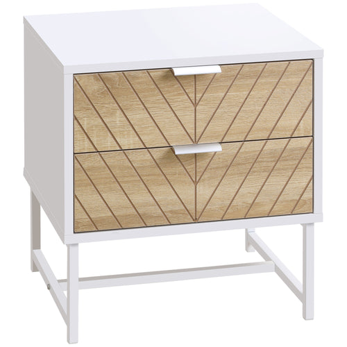 Modern Bedside Table with 2 Drawers and Steel Frame, Sofa Side Table for Bedroom Living Room, White and Oak