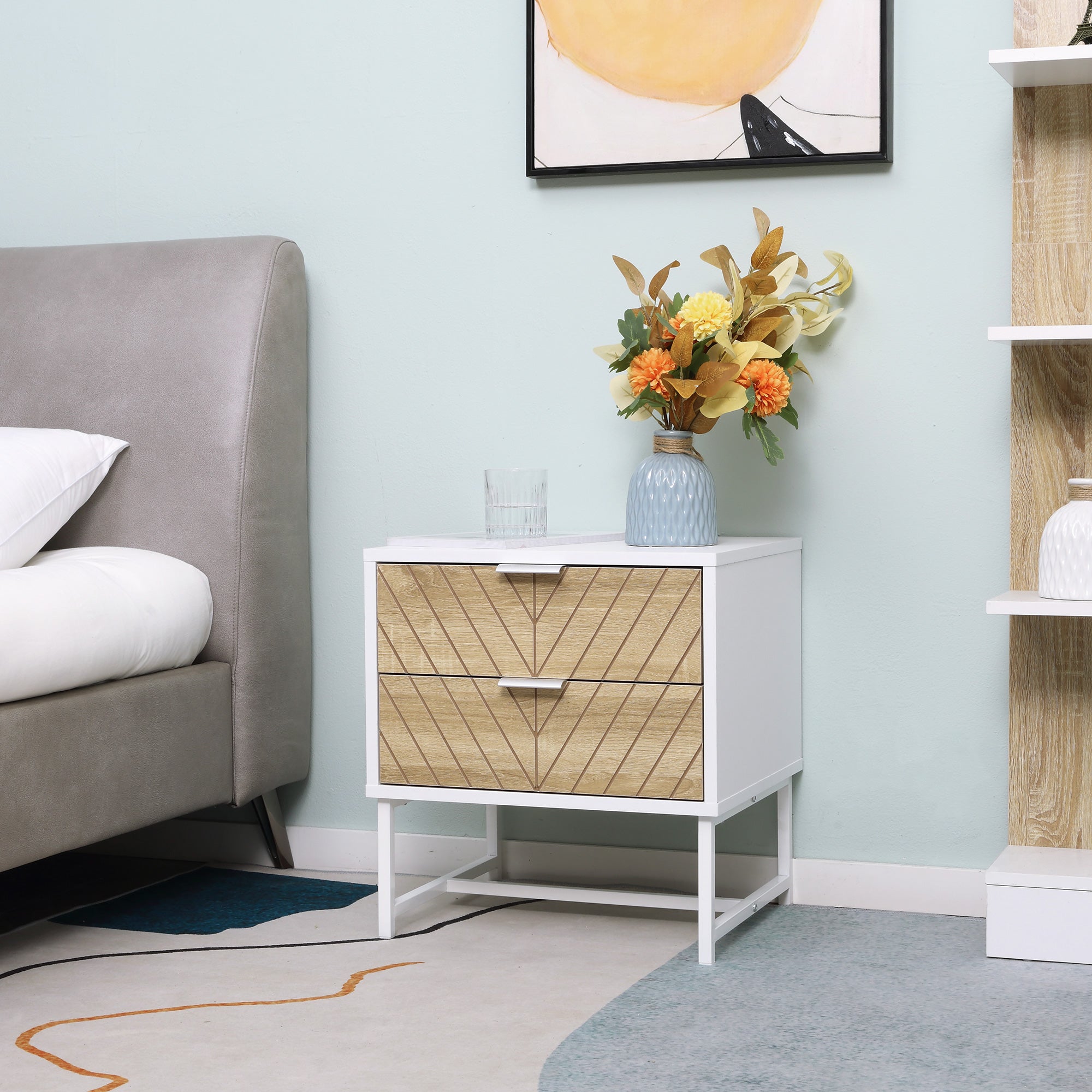 Modern Bedside Table with 2 Drawers and Steel Frame, Sofa Side Table for Bedroom Living Room, White and Oak Bedside Tables   at Gallery Canada