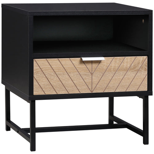 Modern Bedside Table with Drawer, Nightstand with Storage Shelf, Sofa End Table for Bedroom, Black and Oak