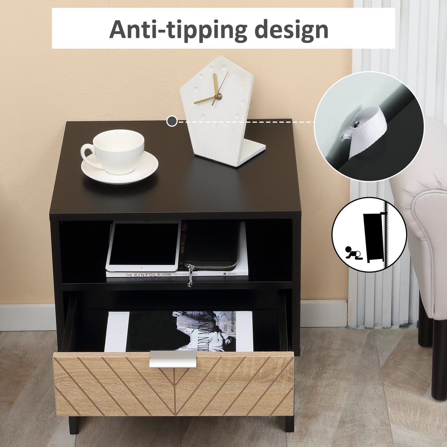 Modern Bedside Table with Drawer, Nightstand with Storage Shelf, Sofa End Table for Bedroom, Black and Oak Bedside Tables   at Gallery Canada