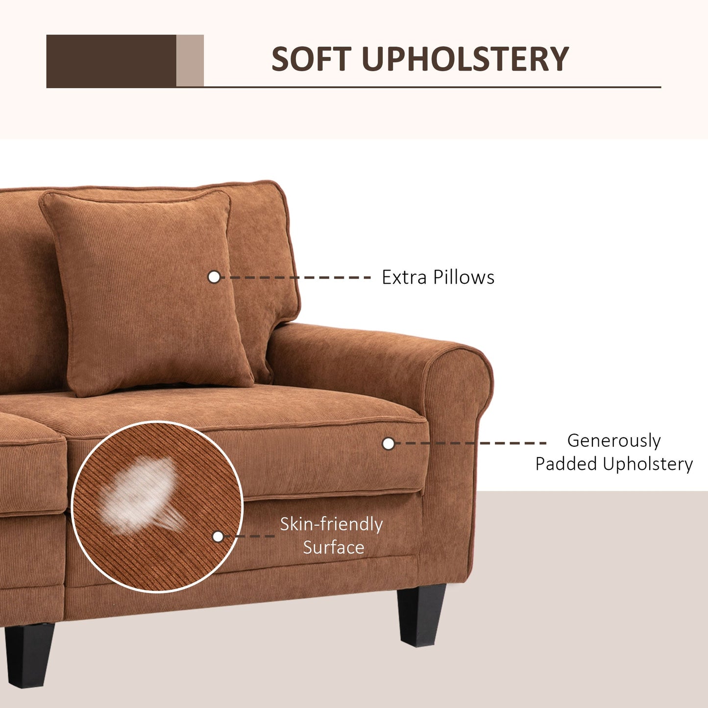 Modern Classic 3-Seater Sofa Corduroy Fabric Couch with Pine Wood Legs, Rolled Arms for Living Room, Brown 3-Seater Sofas   at Gallery Canada