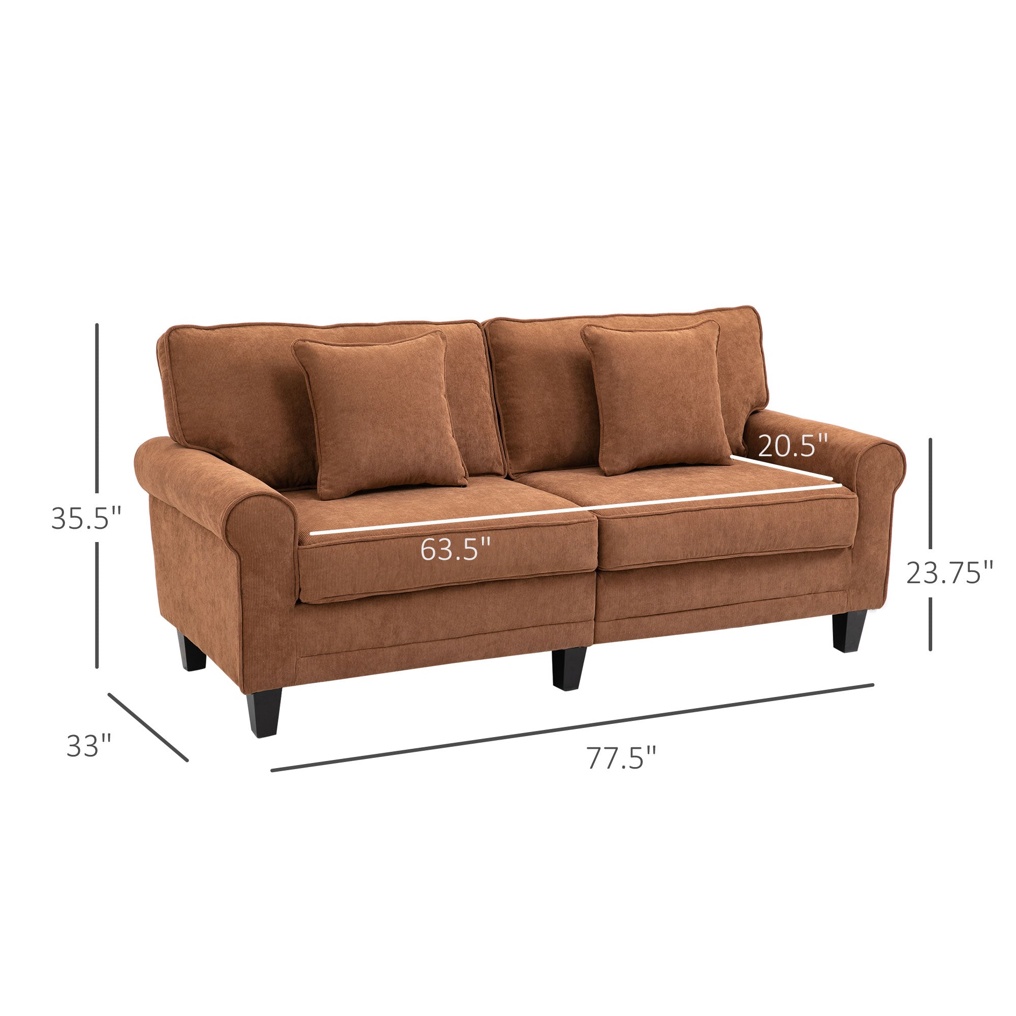 Modern Classic 3-Seater Sofa Corduroy Fabric Couch with Pine Wood Legs, Rolled Arms for Living Room, Brown 3-Seater Sofas   at Gallery Canada