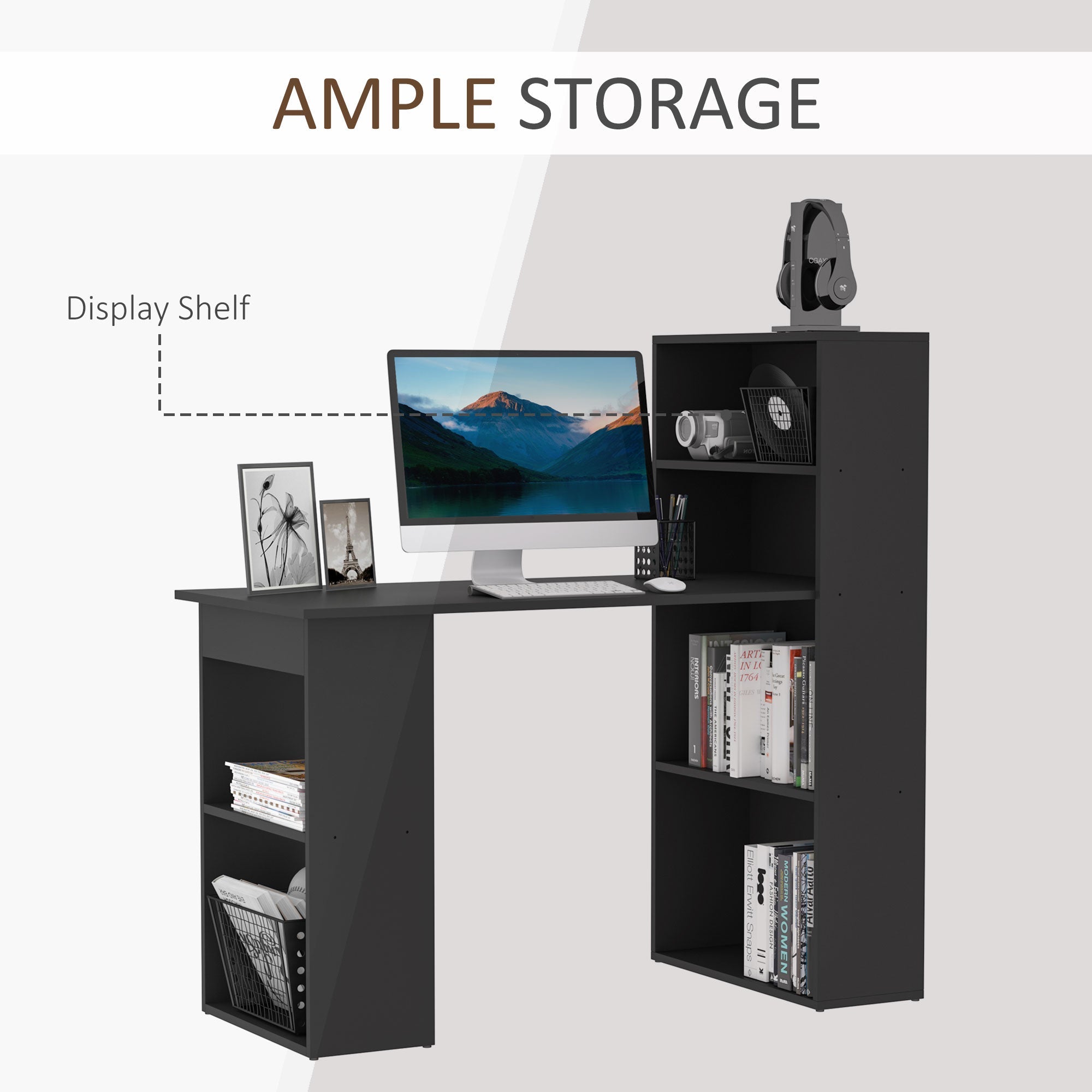 Modern Computer Desk with Storage Shelves, Writing Table Workstation with Bookshelf for Home Office, Black Writing Desks   at Gallery Canada