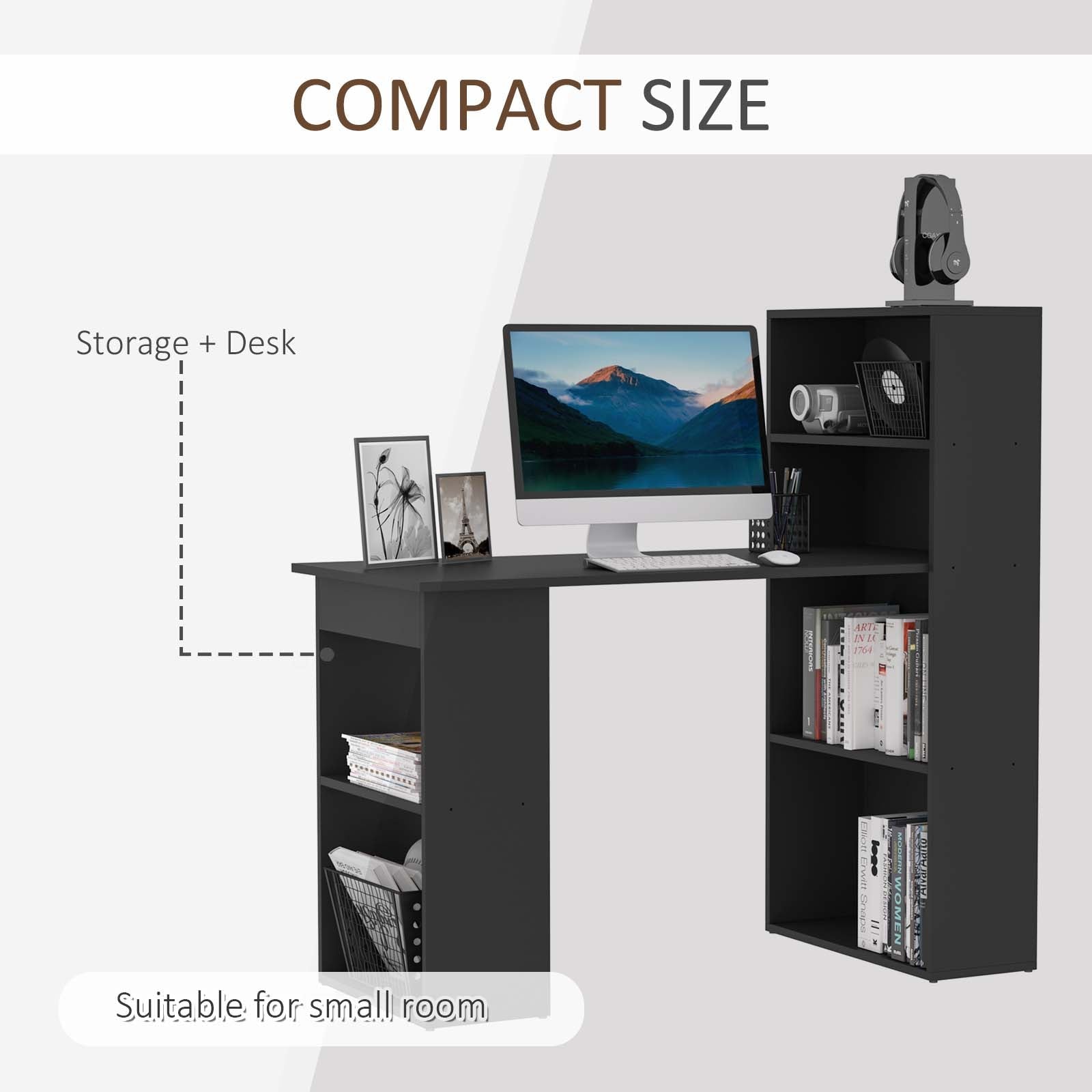 Modern Computer Desk with Storage Shelves, Writing Table Workstation with Bookshelf for Home Office, Black Writing Desks   at Gallery Canada