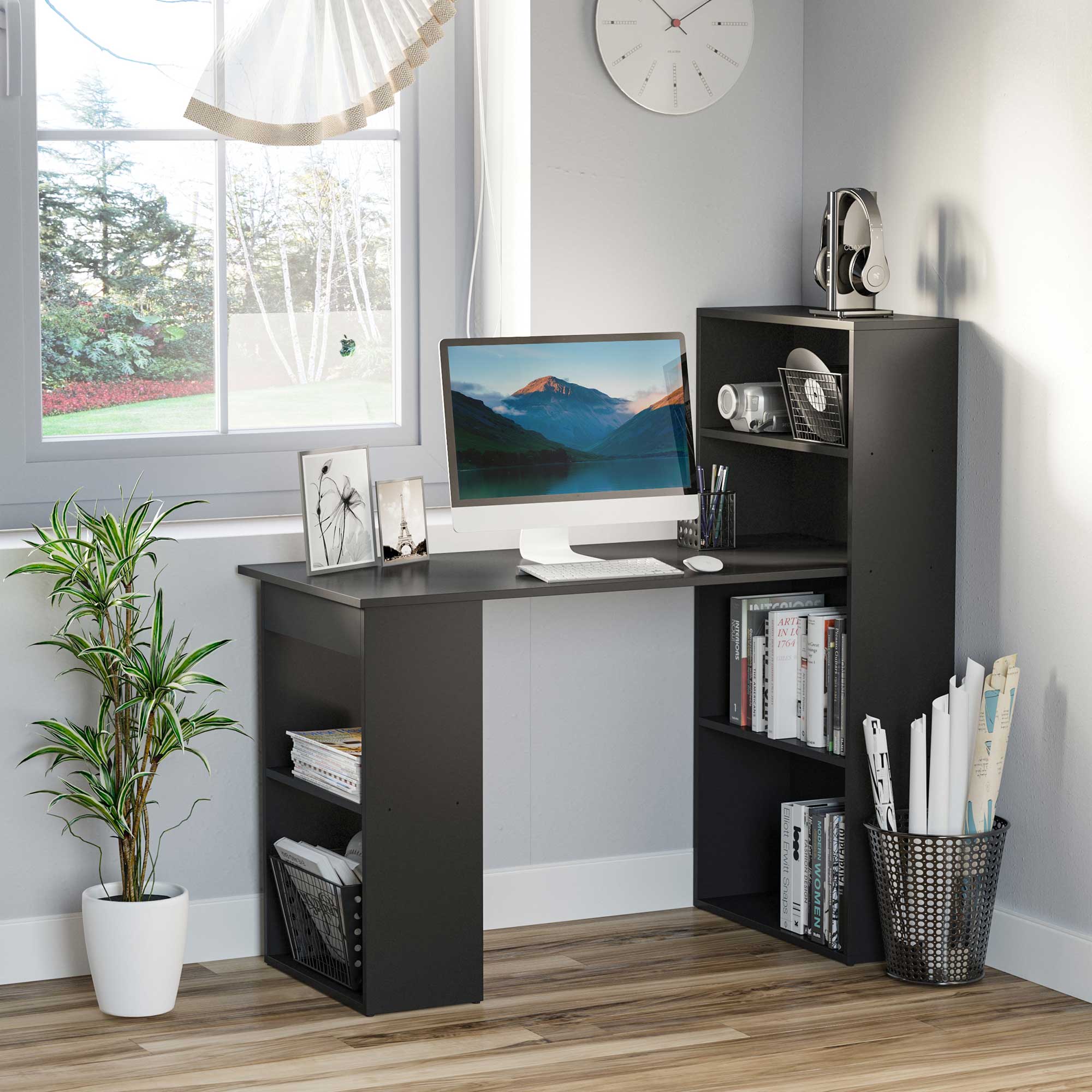 Modern Computer Desk with Storage Shelves, Writing Table Workstation with Bookshelf for Home Office, Black Writing Desks   at Gallery Canada