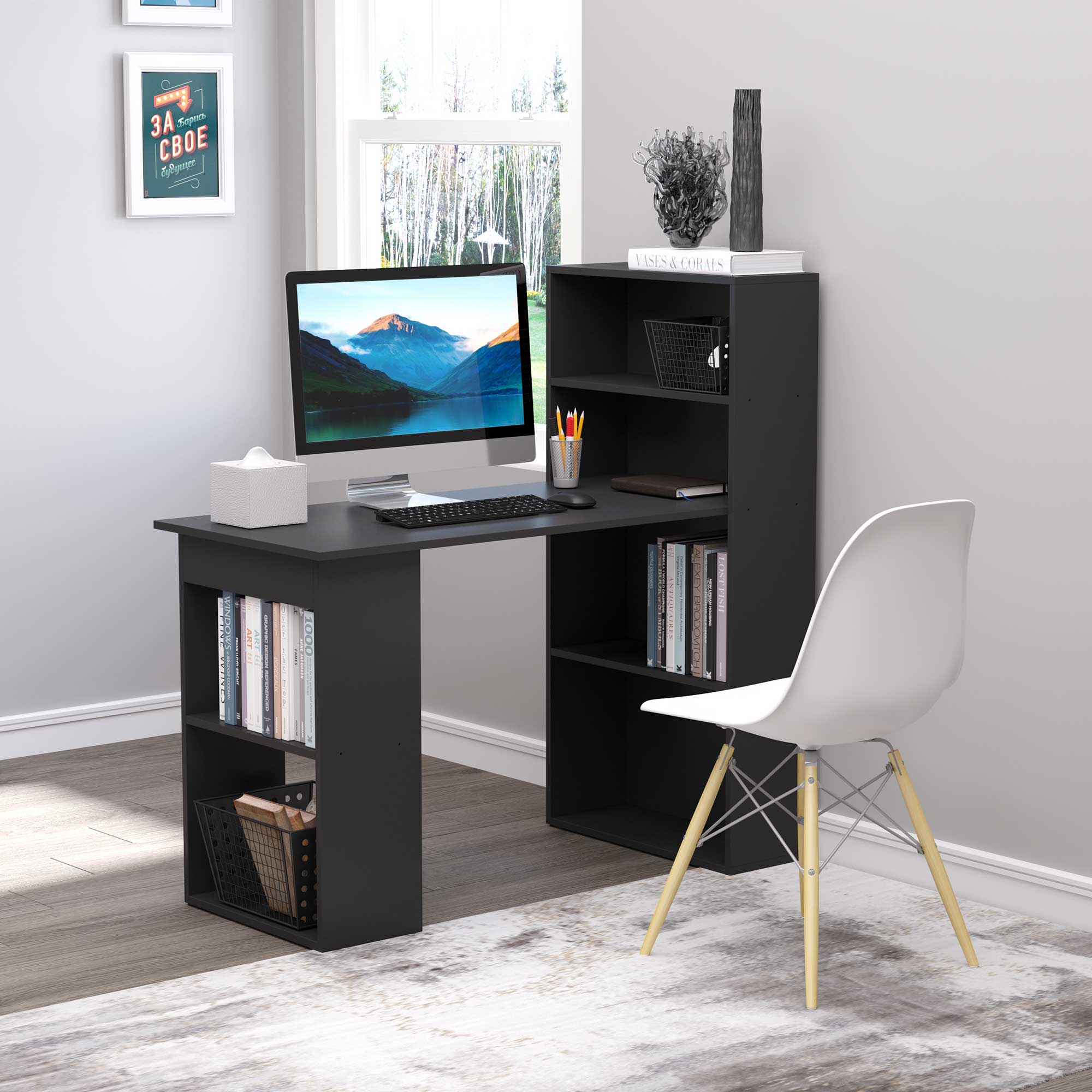 Modern Computer Desk with Storage Shelves, Writing Table Workstation with Bookshelf for Home Office, Black Writing Desks   at Gallery Canada