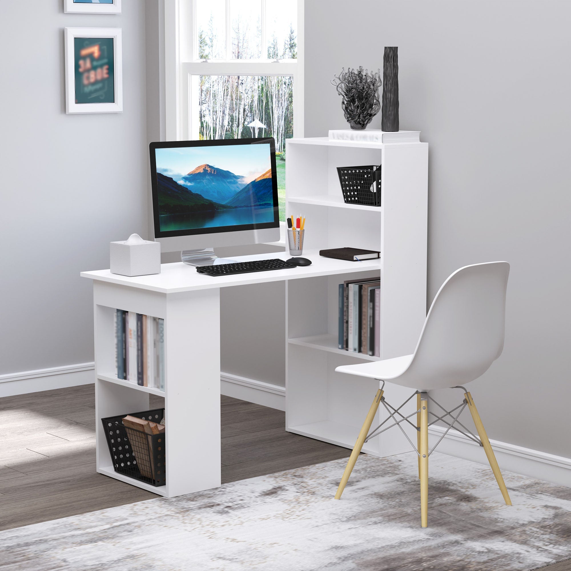 Modern Computer Desk with Storage Shelves, Writing Table Workstation with Bookshelf for Home Office, White Writing Desks   at Gallery Canada