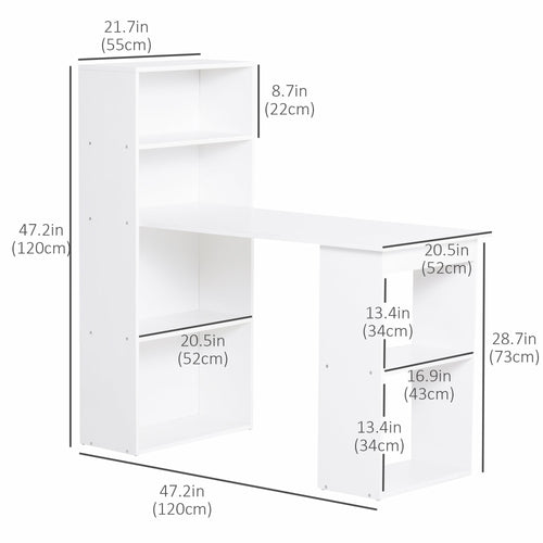 Modern Computer Desk with Storage Shelves, Writing Table Workstation with Bookshelf for Home Office, White