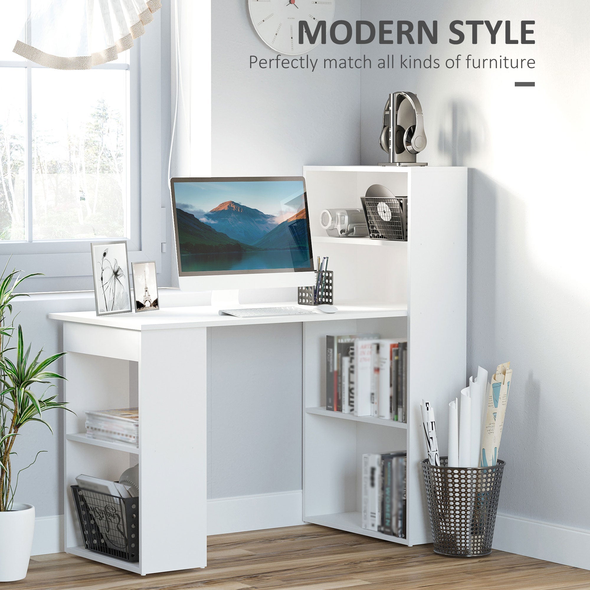 Modern Computer Desk with Storage Shelves, Writing Table Workstation with Bookshelf for Home Office, White Writing Desks   at Gallery Canada