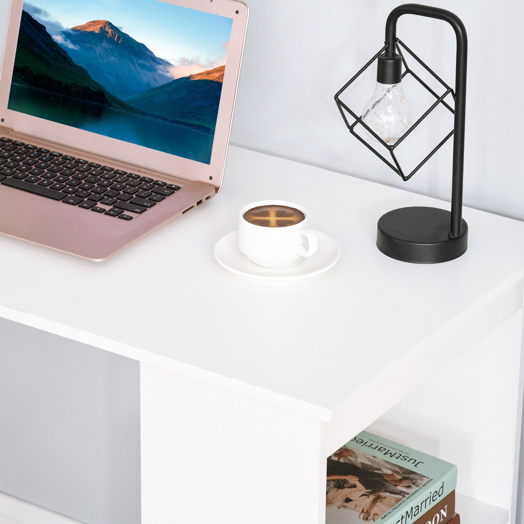 Modern Computer Desk with Storage Shelves, Writing Table Workstation with Bookshelf for Home Office, White Writing Desks   at Gallery Canada