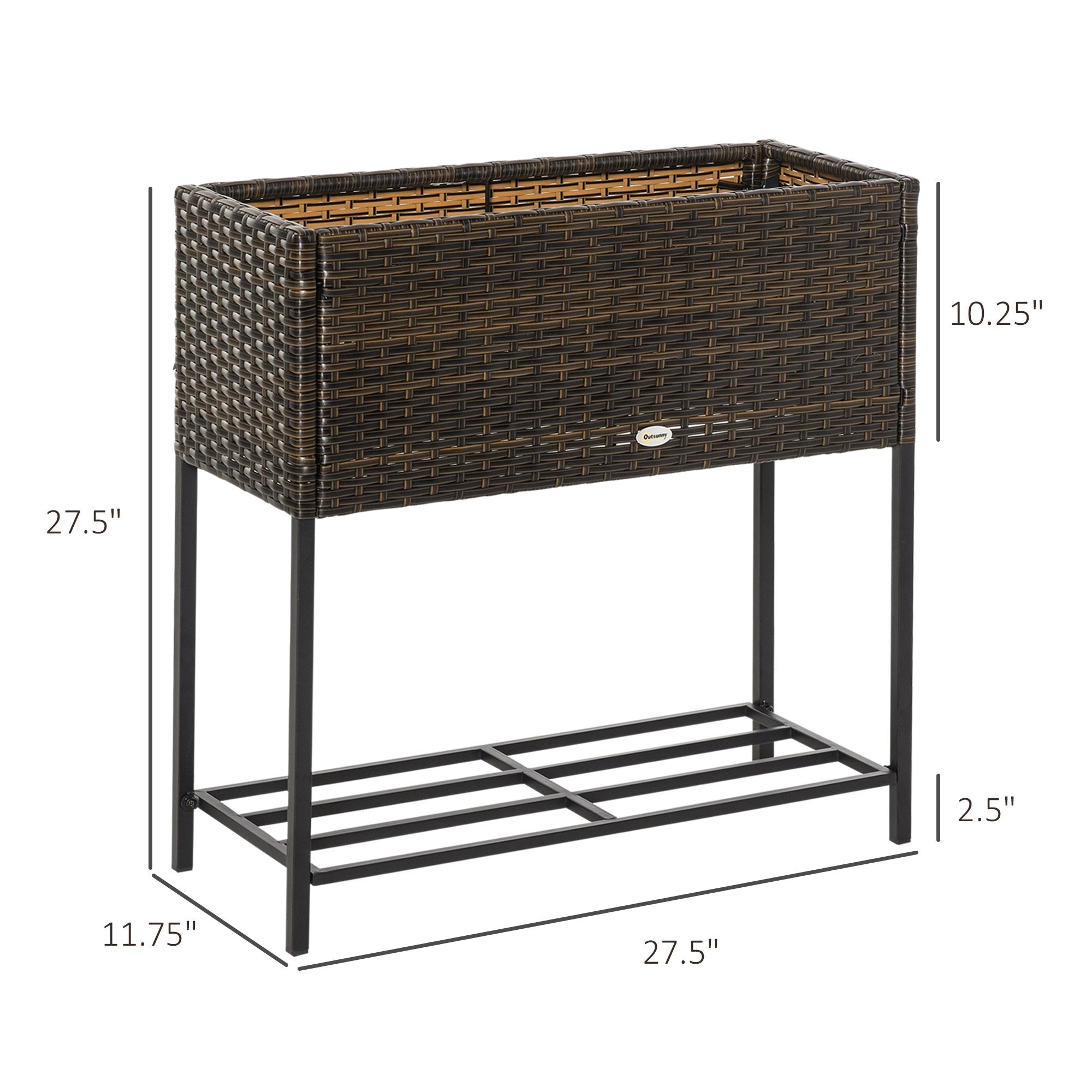 Modern Elevated Metal Raised Garden Bed with Rattan Wicker Look, Underneath Tool Storage Rack, Brown Plant Stands   at Gallery Canada