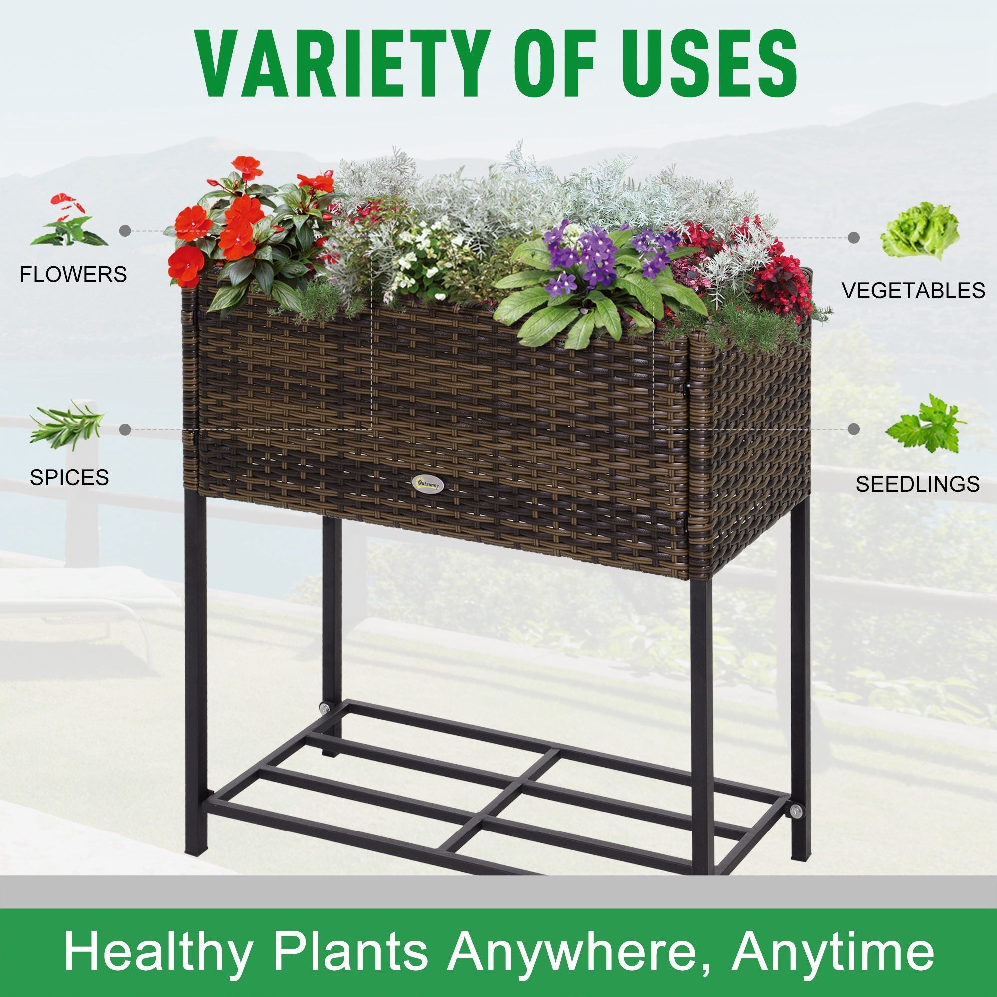 Modern Elevated Metal Raised Garden Bed with Rattan Wicker Look, Underneath Tool Storage Rack, Brown Plant Stands   at Gallery Canada