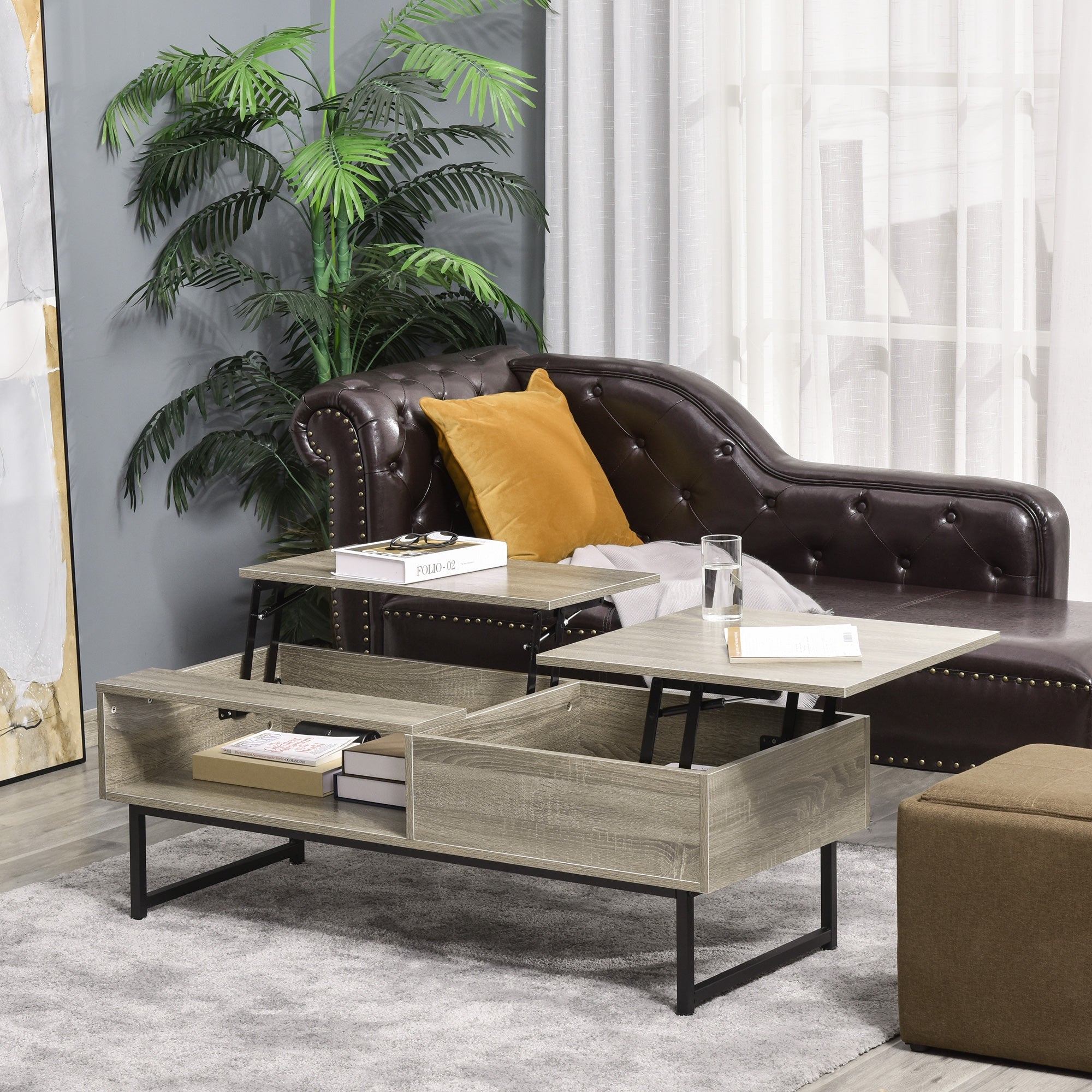 Modern Lift Top Coffee Table with Hidden Storage Compartment and Metal Frame, Convertible Console Tea Desk for Living Room, Grey Coffee Tables   at Gallery Canada