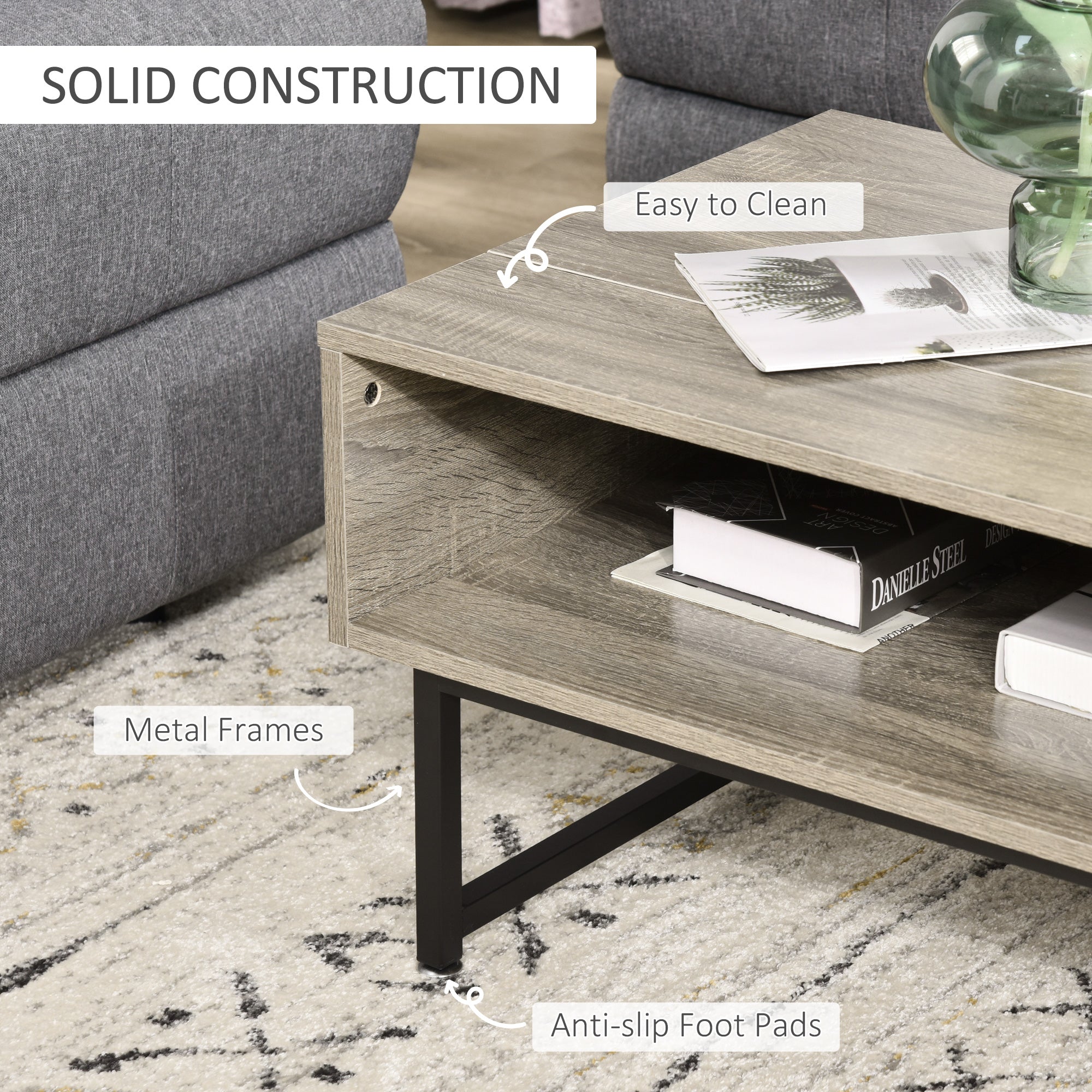 Modern Lift Top Coffee Table with Hidden Storage Compartment and Metal Frame, Convertible Console Tea Desk for Living Room, Grey Coffee Tables   at Gallery Canada