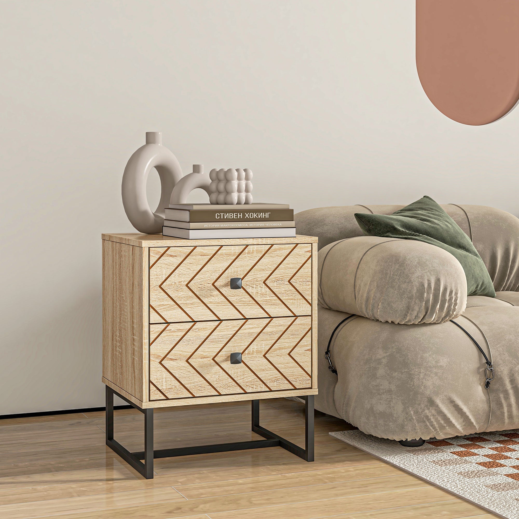 Modern Nightsta, Bedside Table with Drawers, Side End Table with Metal Legs for Bedroom, Zig Zag Design, Natural Bedside Tables   at Gallery Canada