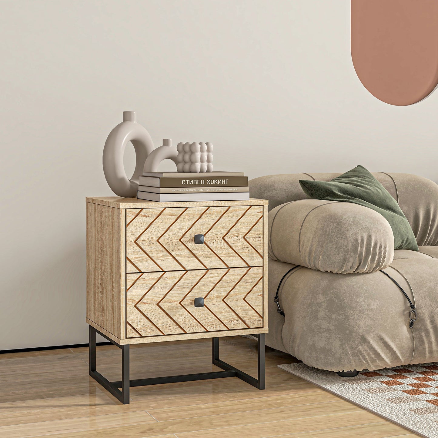 Modern Nightsta, Bedside Table with Drawers, Side End Table with Metal Legs for Bedroom, Zig Zag Design, Natural Bedside Tables   at Gallery Canada