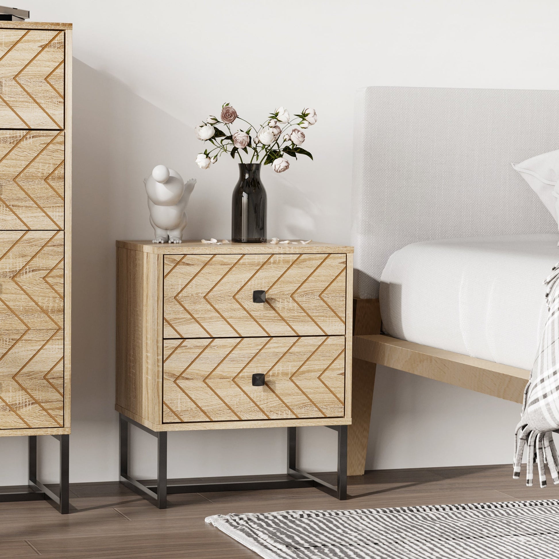 Modern Nightsta, Bedside Table with Drawers, Side End Table with Metal Legs for Bedroom, Zig Zag Design, Natural - Gallery Canada