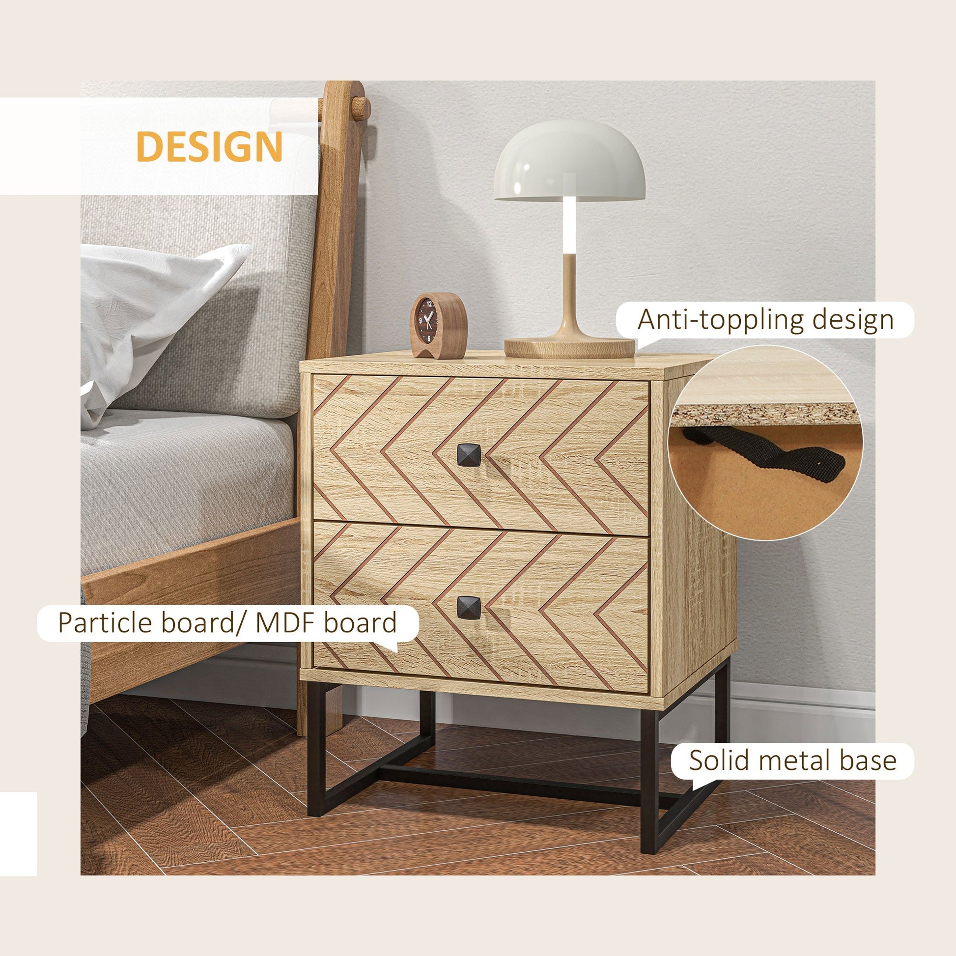 Modern Nightsta, Bedside Table with Drawers, Side End Table with Metal Legs for Bedroom, Zig Zag Design, Natural Bedside Tables   at Gallery Canada