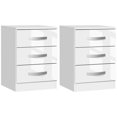 Modern Nightstand Set of 2, Bedside Tables with 3 High Gloss Drawers for Bedroom, White