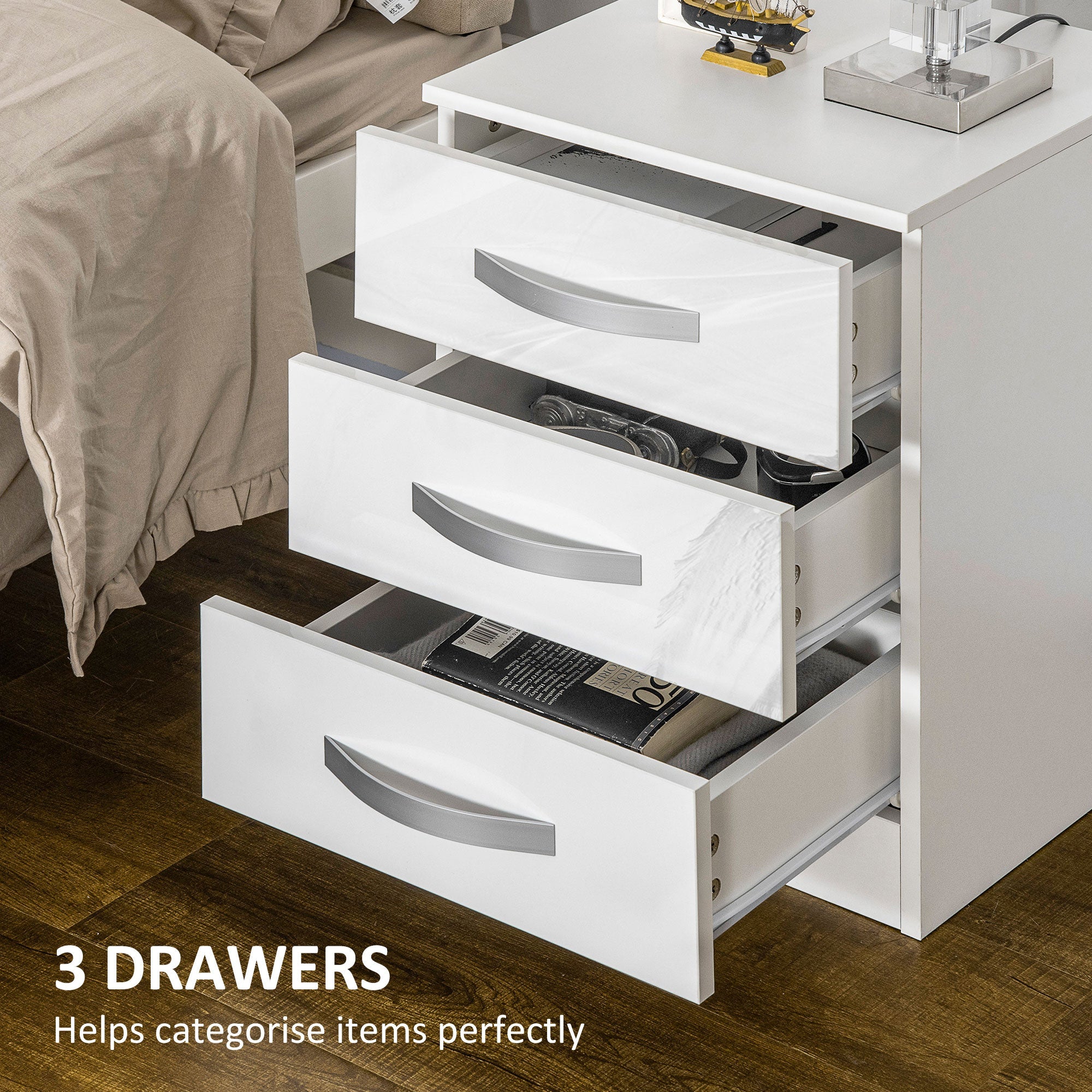 Modern Nightstand Set of 2, Bedside Tables with 3 High Gloss Drawers for Bedroom, White Bedside Tables   at Gallery Canada