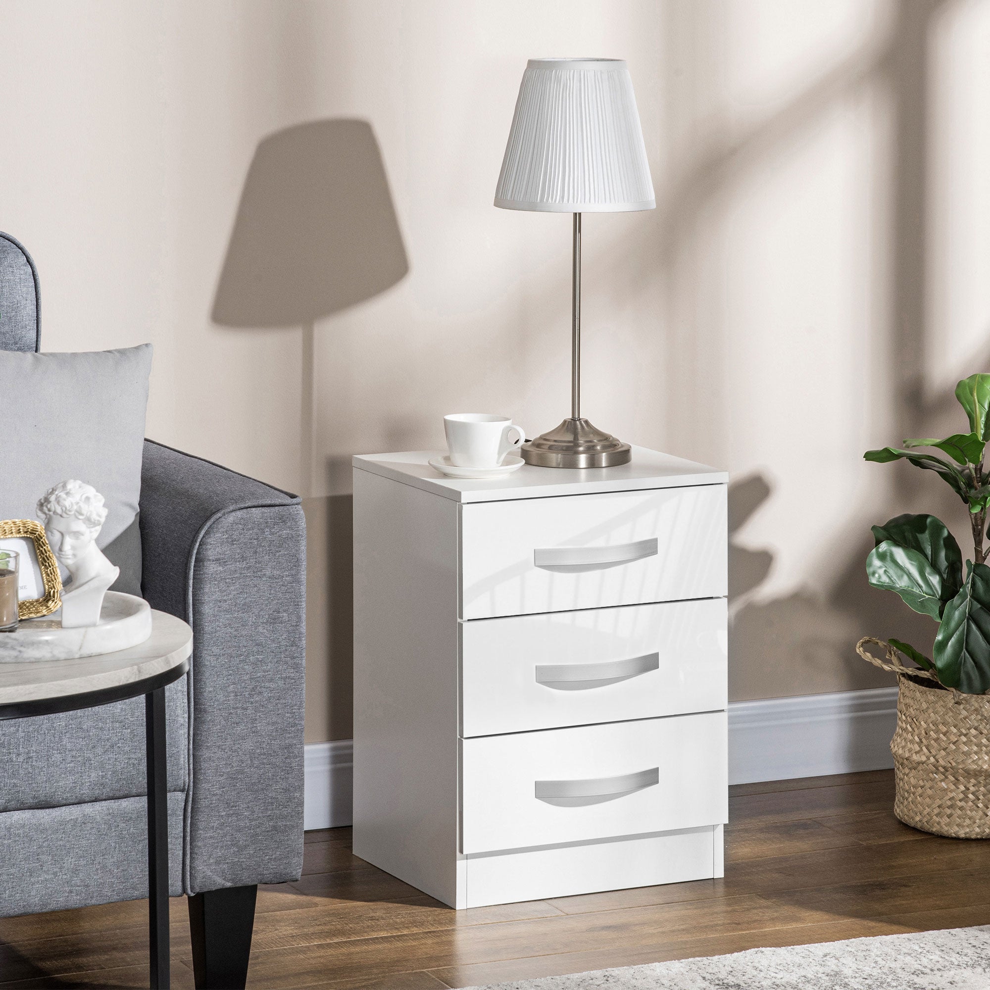 Modern Nightstand Set of 2, Bedside Tables with 3 High Gloss Drawers for Bedroom, White Bedside Tables   at Gallery Canada