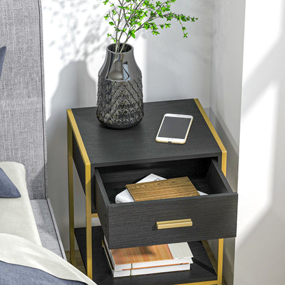 Modern Nightstand Set Of 2, Small Bedside Table with Drawer, Shelf and Steel Frame for Bedroom, Black Bedside Tables   at Gallery Canada