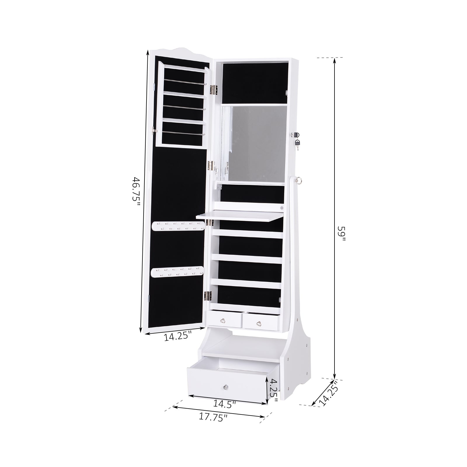 Standing Jewelry Cabinet Organizer Jewelry Armoire with LED Lights, Full Length Mirror, Adjustable Angle, White Jewelry Armoire & Jewellery Mirror Cabinets White  at Gallery Canada