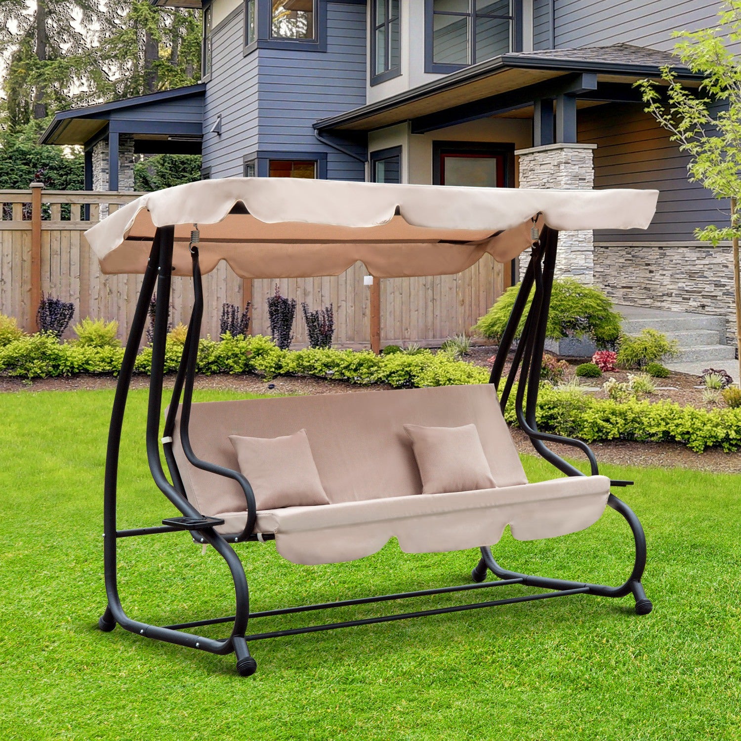 3-Seat Outdoor Patio Swing Chair, Converting Flat Bed, Canopy Swing with Adjustable Shade, Removable Cushions, Cup Holder, Light Brown Porch Swings with Canopy   at Gallery Canada