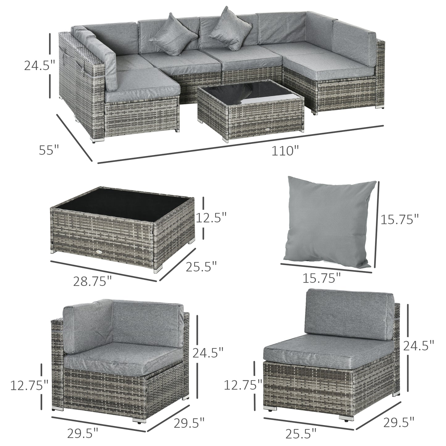 7pc Garden Wicker Sectional Set w/ Tea Table Patio Rattan Lounge Sofa Outdoor Deck Furniture Light Grey Patio Furniture Sets   at Gallery Canada