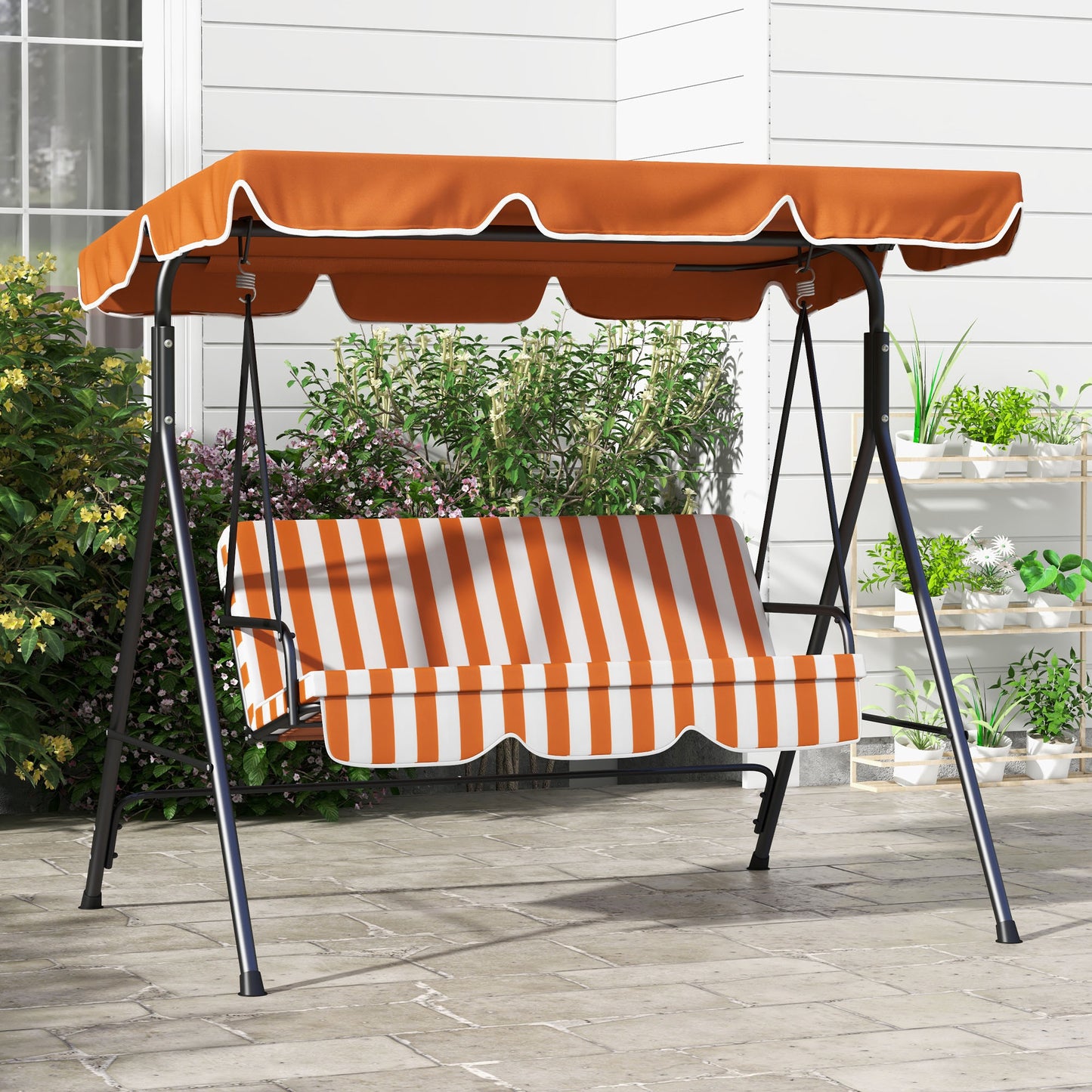 3-Seater Outdoor Porch Swing with Adjustable Canopy, Patio Swing Chair for Garden, Poolside, Backyard, Orange Patio Swings with Stand   at Gallery Canada