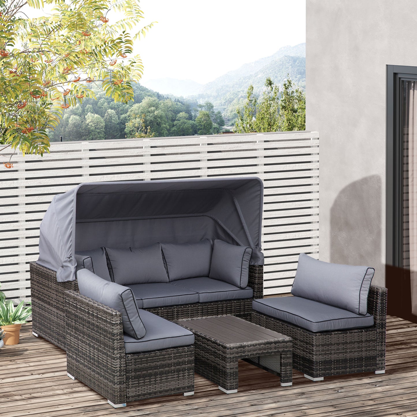 4-Piece Outdoor Rattan Wicker Sofa Set Patio Furniture Sets with Retractable Sun Canopy, Deep Soft Cushions &; Classic Design, Grey Patio Furniture Sets   at Gallery Canada