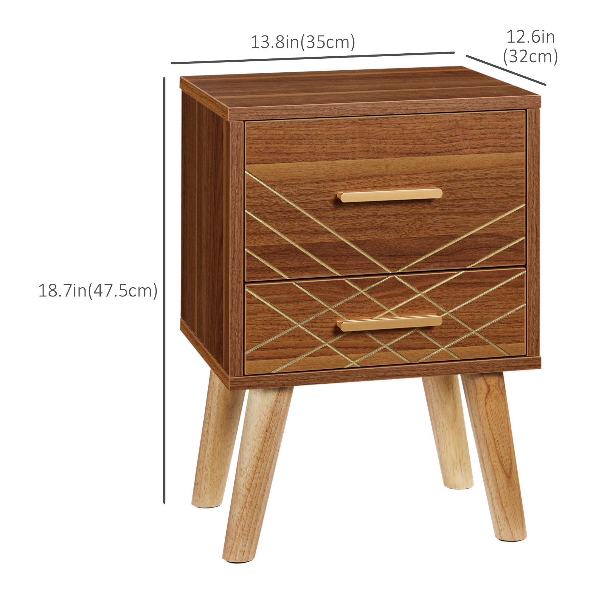 Scandinavian Bedside Table, Side End Table with 2 Drawers and Wood Legs, 13.8