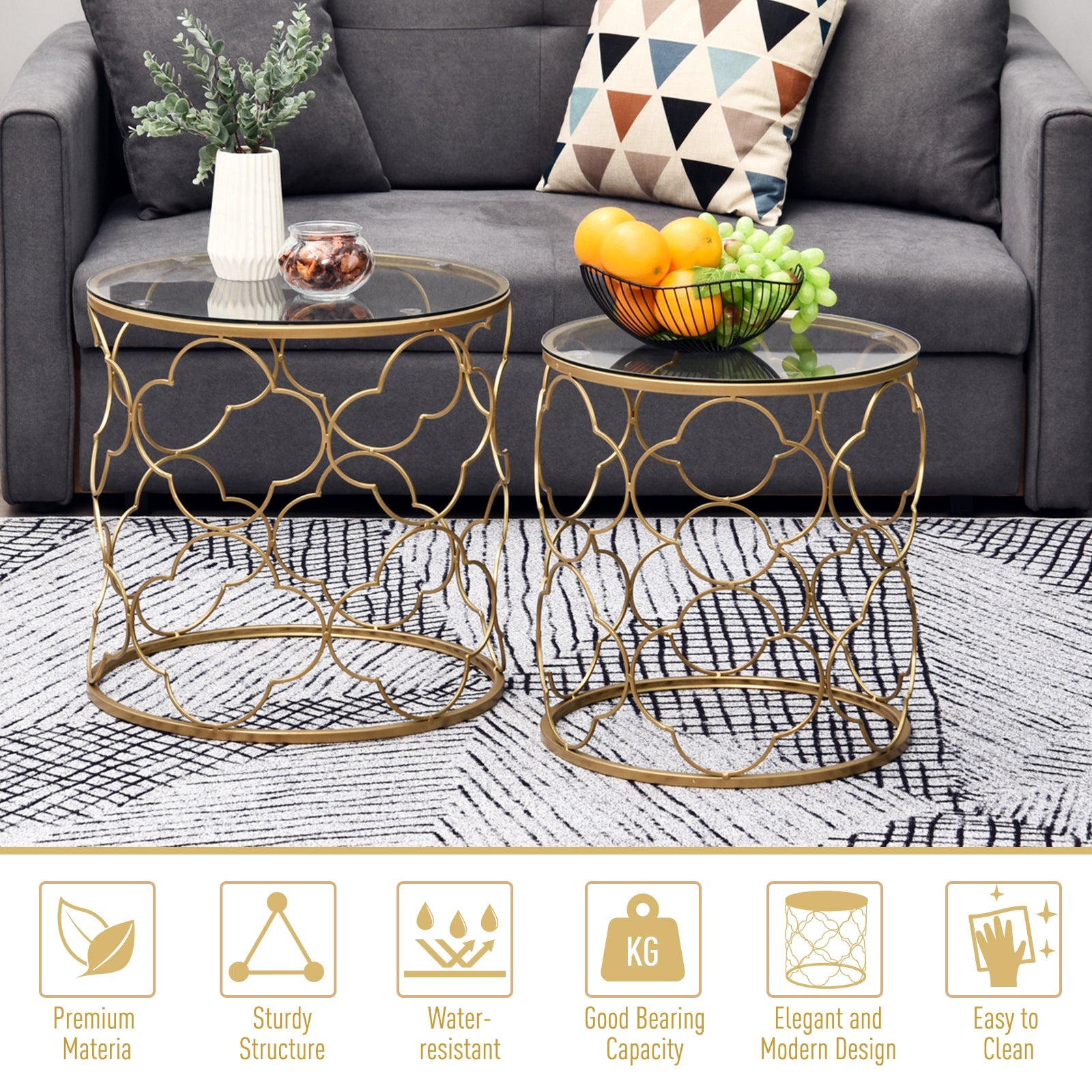 Set of 2 Nesting Table Coffee End Table Set Modern for Living room Furniture Decor Gold Tempered Glass Coffee Tables   at Gallery Canada