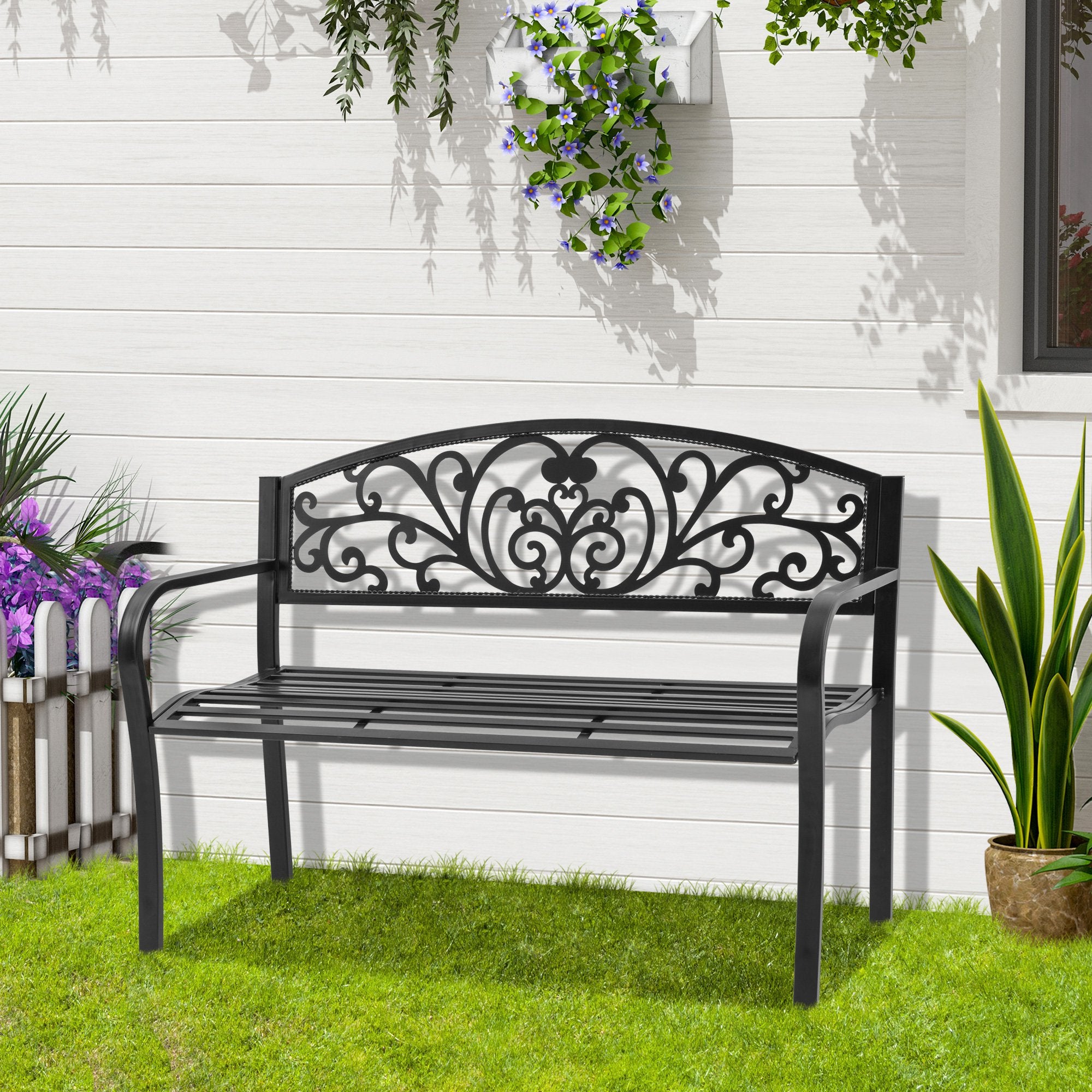 Steel Garden Bench for Outdoor, 2-person Patio Bench, Floral Rose Accent, Loveseat Furniture for Lawn, Deck, Yard, Porch and Entryway, Black Outdoor Benches   at Gallery Canada
