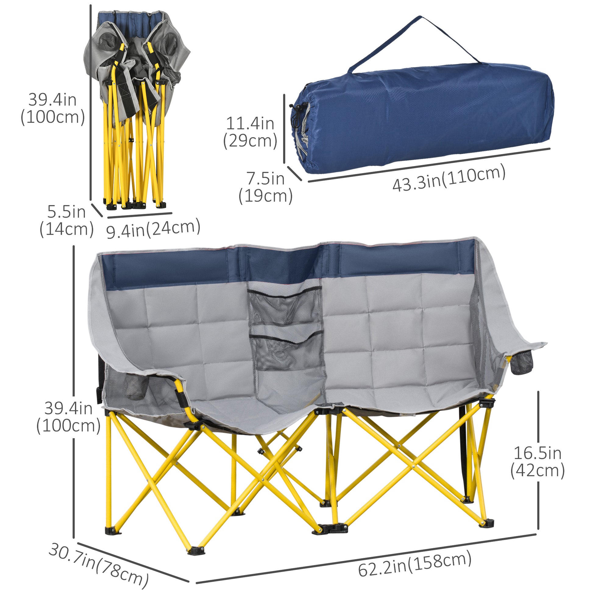 Compact Double Seat Folding Camping Chair with Storage & Cup Holder, Navy Blue Picnic Tables & Camping Chairs   at Gallery Canada