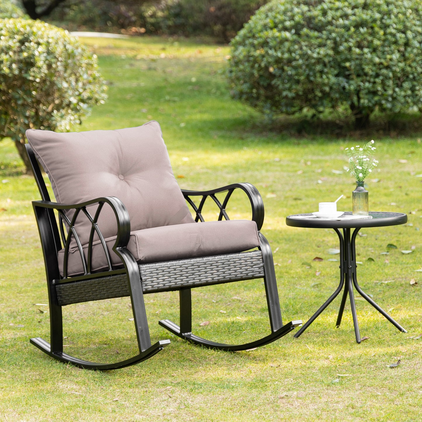 Outdoor Wicker Rocking Chair with Padded Cushions for Garden, Patio, and Backyard, Grey Patio Chairs   at Gallery Canada