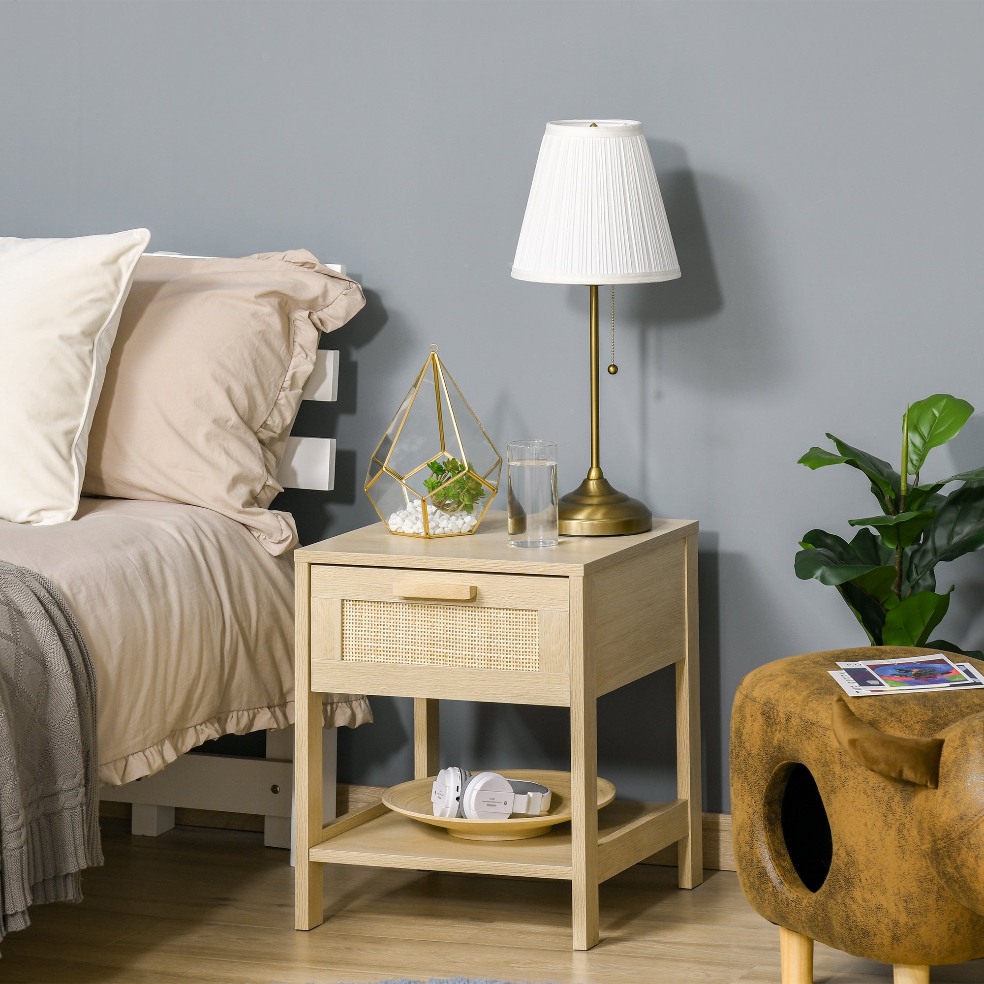 Narrow Nightstand, Bedside Table with Drawer and Storage Shelf for Bedroom, Natural Bedside Tables   at Gallery Canada