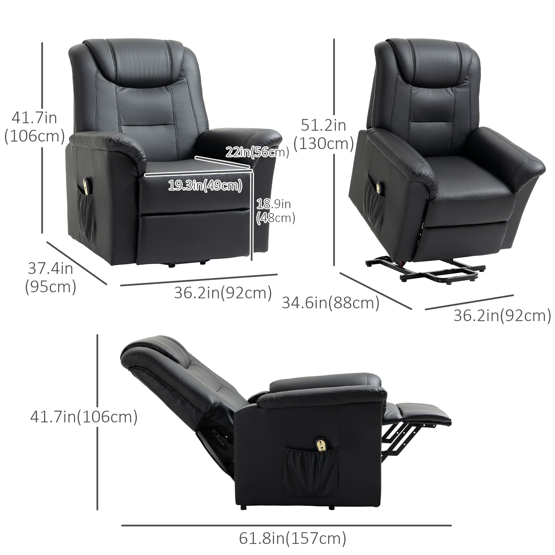 Electric Power Lift Chair for Elderly, PU Leather Recliner Sofa with Footrest and Remote Control for Living Room, Black Electric Power Lift Chairs Black  at Gallery Canada