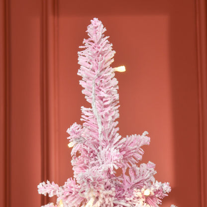 6 Foot Prelit Snow Flocked Artificial Christmas Tree with Pencil Shape, 500 Pine Realistic Branches, Warm White LED lights, Auto Open, Pink and White Pre Lit Christmas Trees   at Gallery Canada