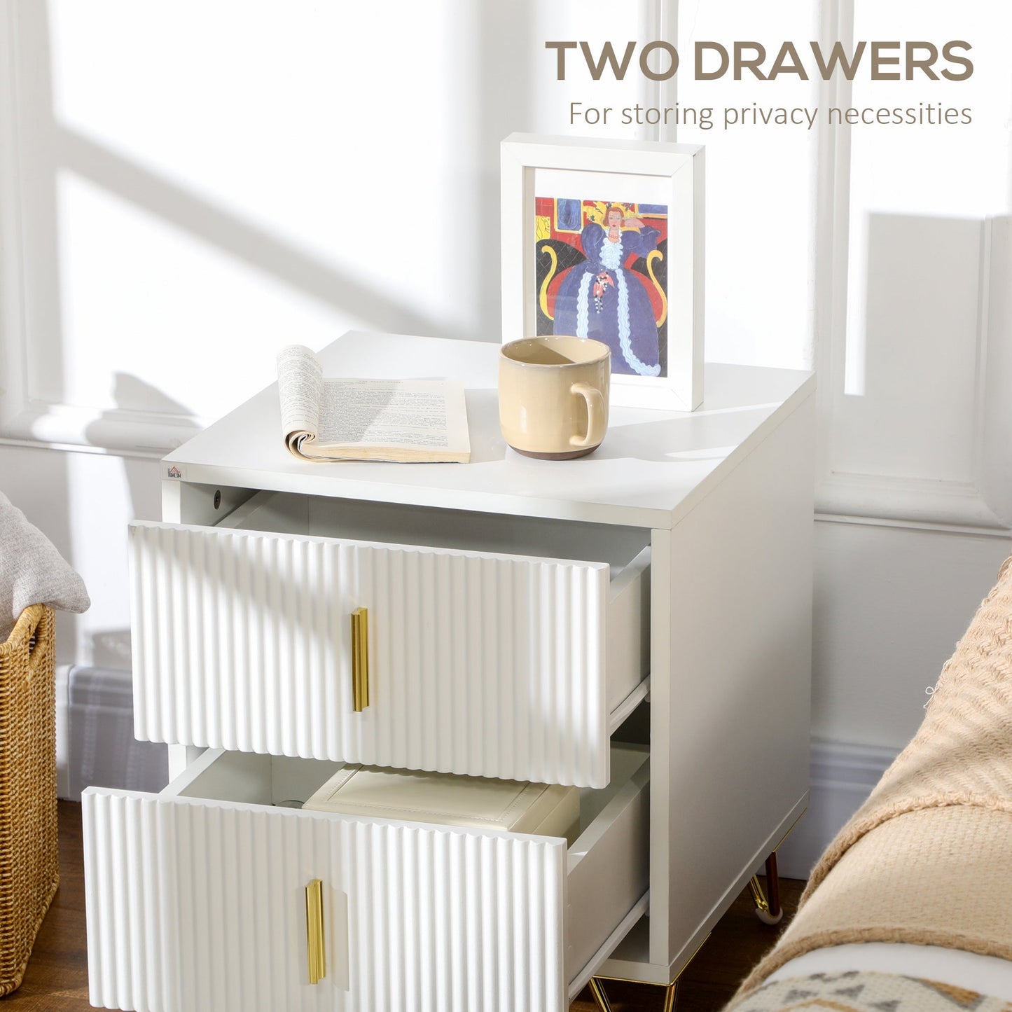 Nightstand, Bedside Table with 2 Drawers, Side End Table with Metal Legs for Living Room, Bedroom, White Bedside Tables   at Gallery Canada