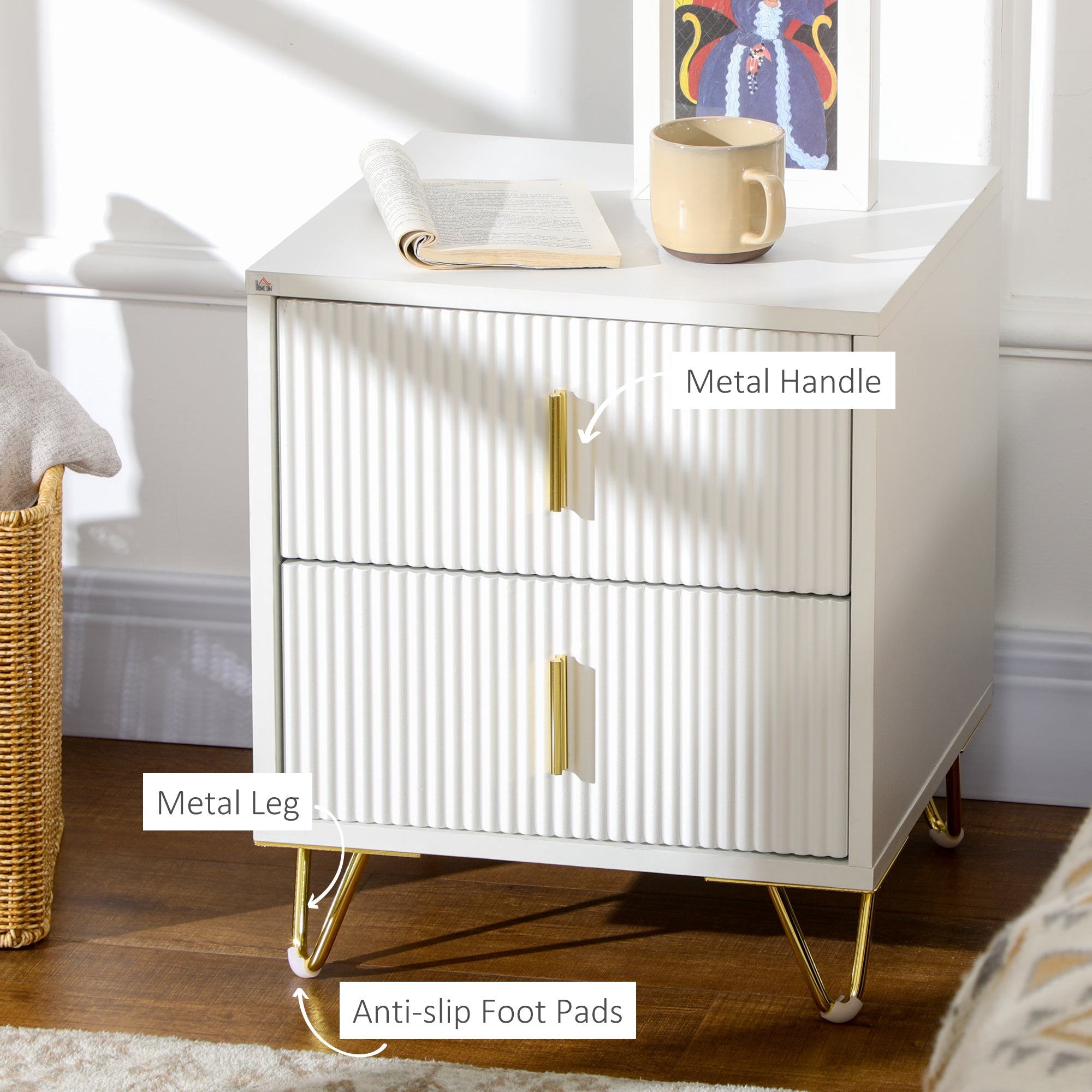 Nightstand, Bedside Table with 2 Drawers, Side End Table with Metal Legs for Living Room, Bedroom, White Bedside Tables   at Gallery Canada