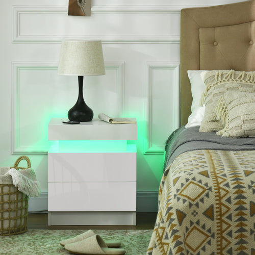 Nightstand, End Side Table with LED Lights, High Gloss Front Bedside Table with 2 Drawers, for Bedroom, Living Room