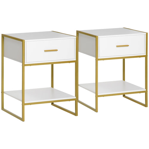 Nightstand Set of 2, Modern Bedside Table with Drawer and Shelf, Bedside Cabinets for Bedroom, White