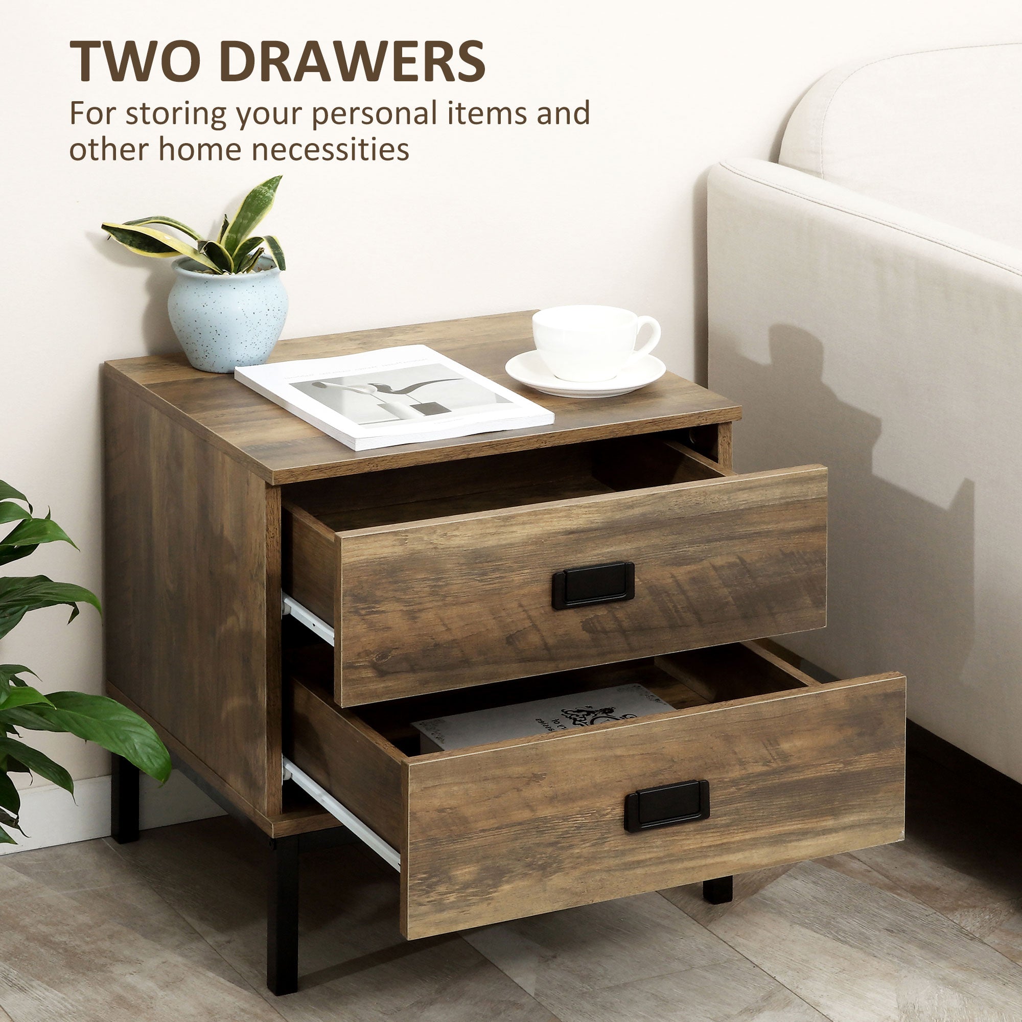 Nightstand with Storage, Retro Bedside Table, Side Table with 2 Drawers, Steel Frame for Bedroom, Coffee Bedside Tables   at Gallery Canada