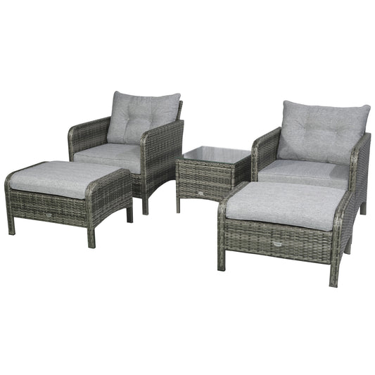 5 Pieces Wicker Patio Furniture Sofa Set Thick Padded Cushions, Outdoor PE Rattan Conversation Coffee Set with Armchairs, Footstools and Glass Top Table, Light Grey - Gallery Canada