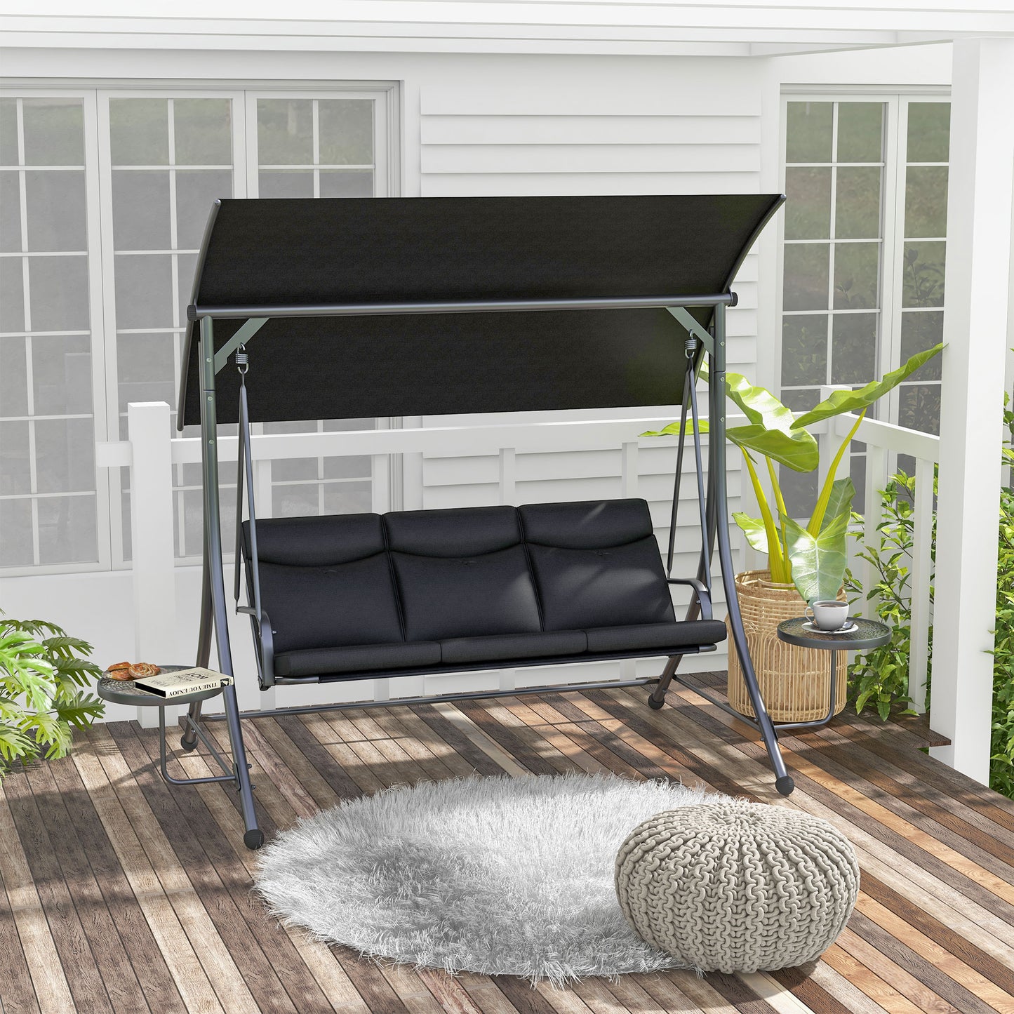 3 Seat Outdoor Swing Chair Steel Swing Bench Porch Swing With Adjustable Canopy &; Coffee Tables &; Cushion for Patio Garden, Black Patio Swings with Stand   at Gallery Canada