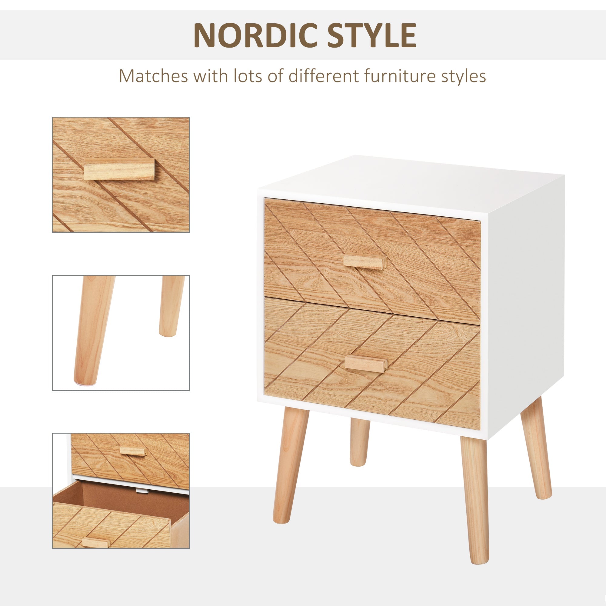 Nordic Bedside Table, Side End Table with 2 Drawers for Bedroom, 15.7