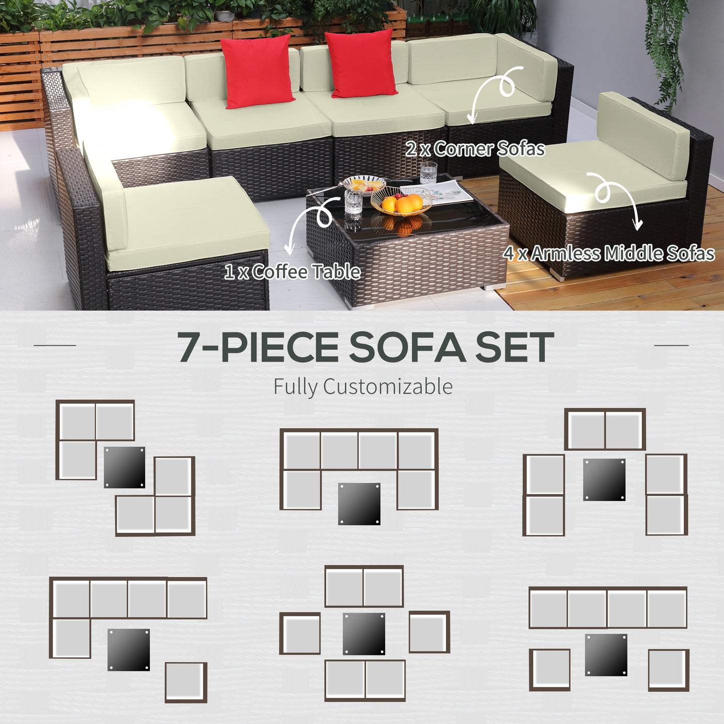 7 Pieces Patio Sofa Outdoor Wicker Sectional Patio Furniture, Dark Brown &; Beige Patio Furniture Sets   at Gallery Canada