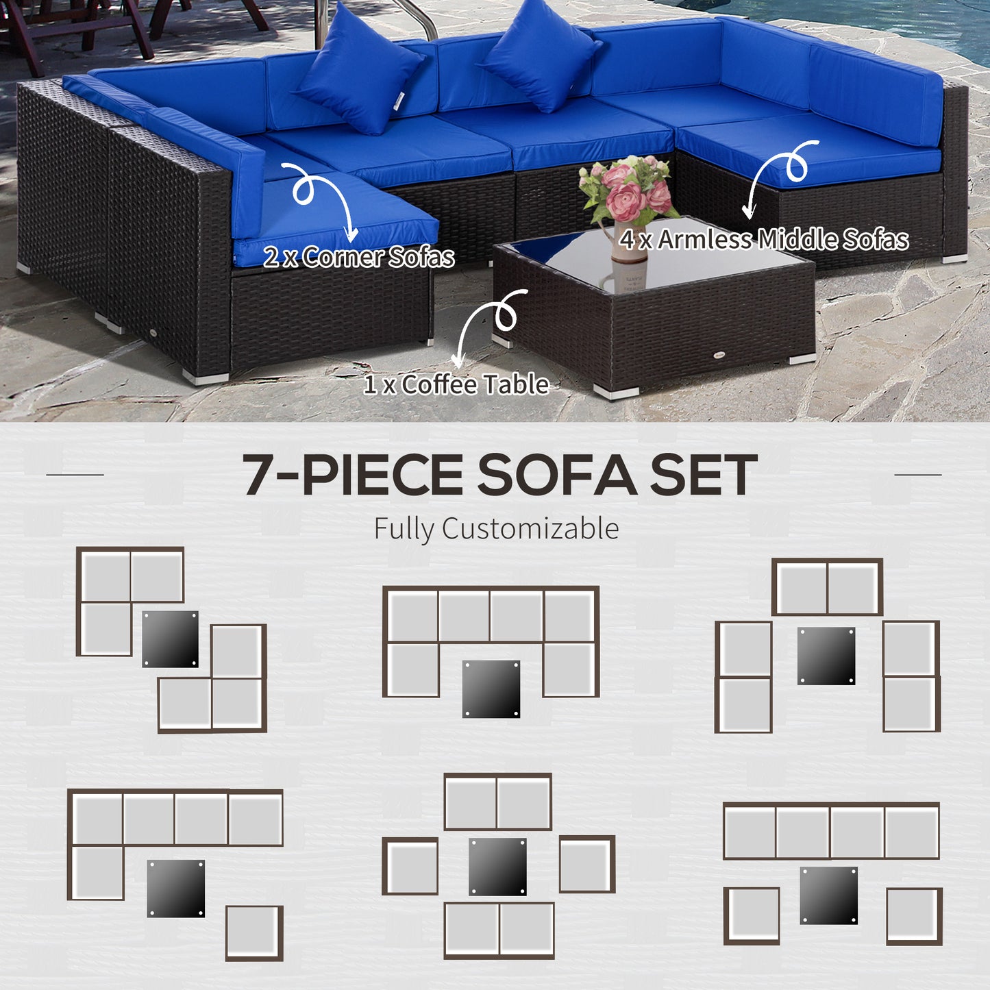 7 Pieces Outdoor Rattan Furniture Set, Patio Wicker Sectional Conversation Sofa Set, Blue Patio Furniture Sets   at Gallery Canada